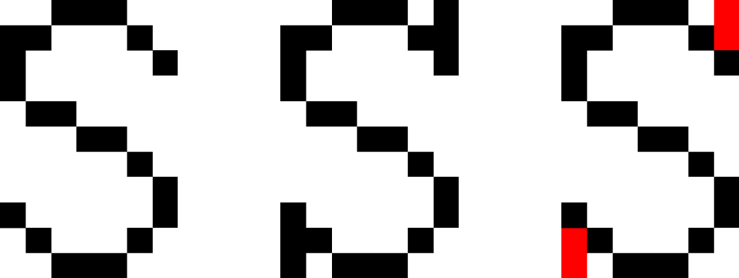 Capital S's (16px variant): Sans Times Sans (left), aliased Times New Roman (center), and diff in red (right).