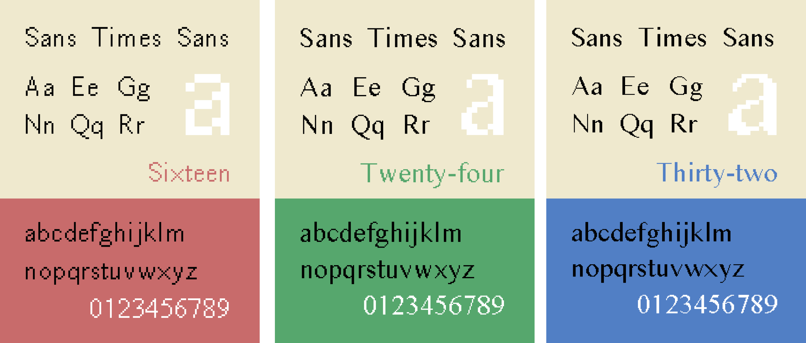 Specimens of 16px (left), 24px (center), and 32px (right) variants.