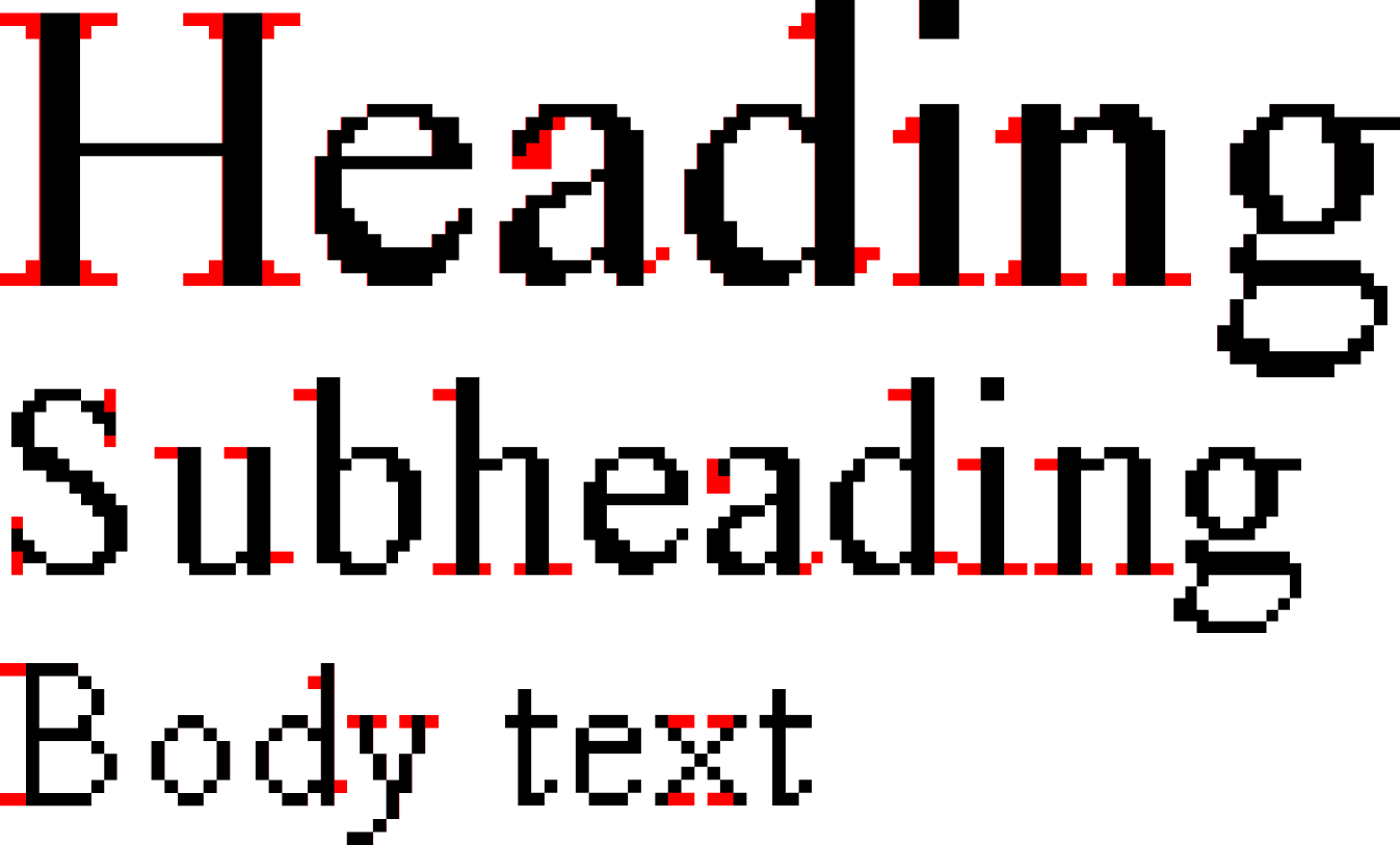 Diffs in red of the 3 variants with aliased Times New Roman.